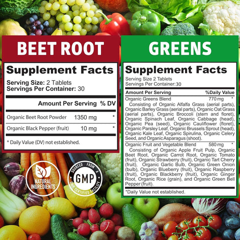 Number One Nutrition N1N Premium and Organic Superfood Greens and Beet Root Tablets for Immunity and Antioxidant Support, Packed with Alfalfa, Spirulina and Barley Grass, 120 Tablets