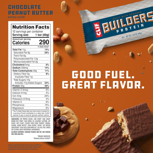 CLIF Builders Protein Bars - Chocolate Peanut Butter Flavor - Gluten-Free, Non-GMO, 20g Protein - 2.4 oz