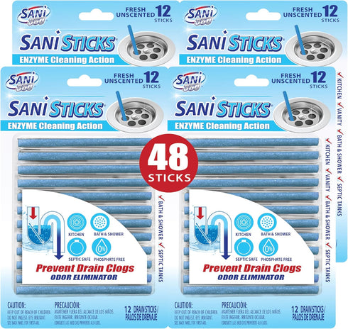 SANI 360° Sani Sticks Drain Cleaner and Deodorizer, 48 Count, Unscented Enzyme Pipe Cleaners, Safe for Sinks