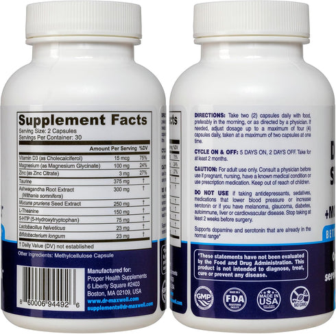 Serotonin and Dopamine Supplements with Mood Probiotic - 5in1 Support for Relaxation, Focus & Brain - 60 Capsules