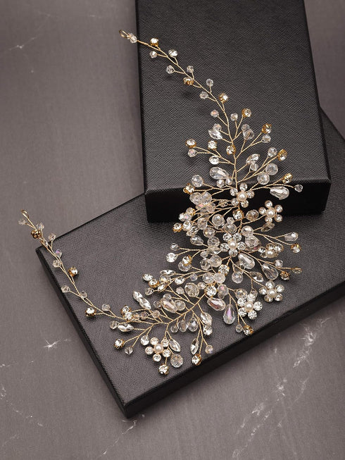 Kercisbeauty Handmade Bridal Rhinestones Flower Side Headband, Spring Headpiece Hair Vine Accessories, Rose Gold