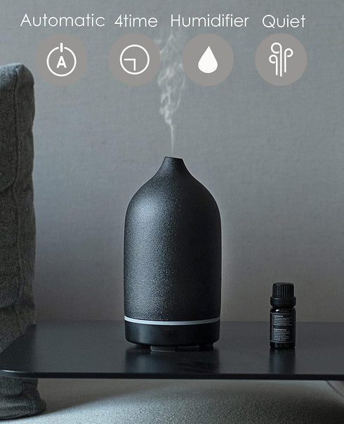 Essential Oil Diffuser, Handcrafted Ceramic Ultrasonic Cool Mist Air Diffuser, 9 Colors Night Light with Timer (Black)