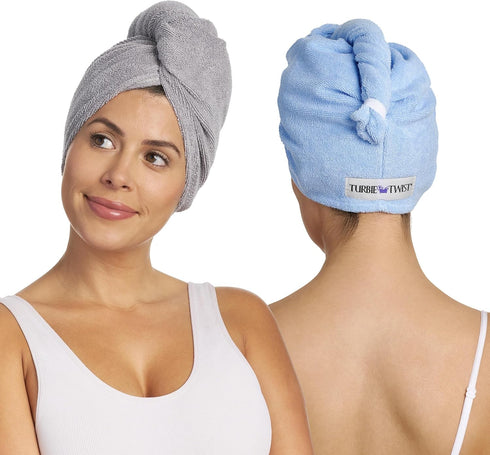 Turbie Twist 2-Pack Microfiber Hair Towel, Hair Wrap Turban for Straight, Wavy & Curly Hair - Grey & Blue
