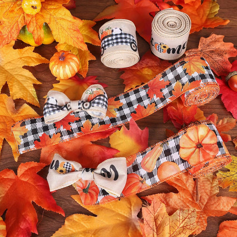 Whaline 30 Yard Fall Thanksgiving Wired Edge Ribbon, Buffalo Plaids, Autumn Leaves
