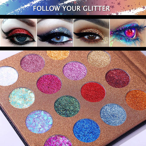 UCANBE Pro Glitter Eyeshadow Palette, 16 Colors, Highly Pigmented Chunky & Fine Pressed Glitter Eye Shadow Powder Makeup