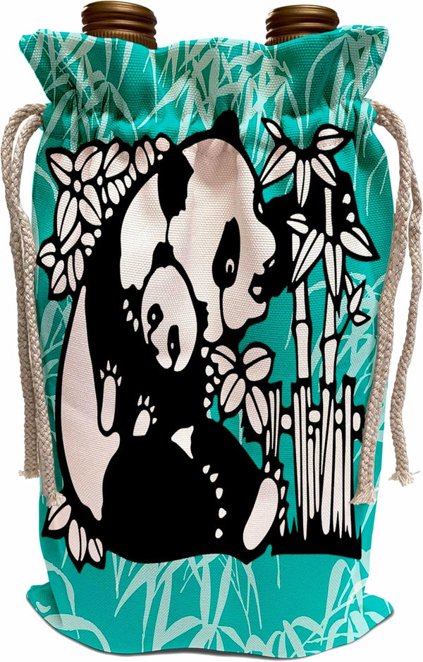 3dRose Panda and Baby on Teal Blue Background Wine Bag