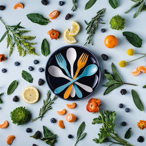 Knork Eco Astrik Reusable Compostable Plant-Based Utensil Set - 8 Piece with Carry Case in Orange Blue White Gray