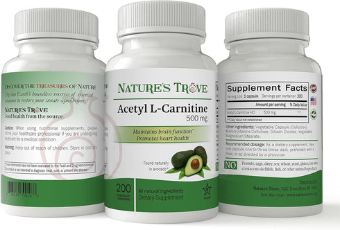 Nature's Trove Acetyl L-Carnitine (ALCAR) 500 mg - 200 Vegetarian Capsules
