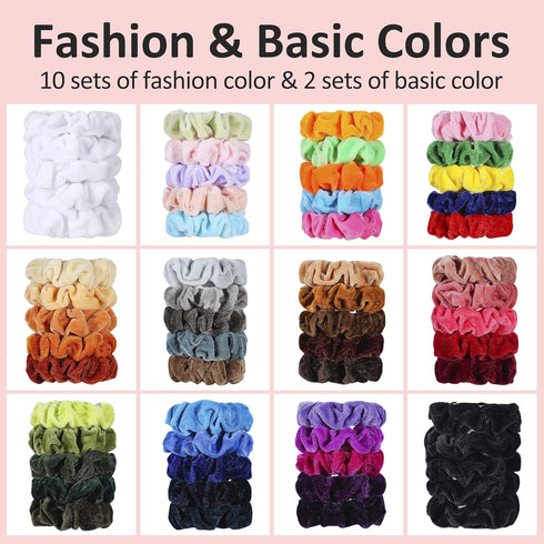 Velvet Hair Scrunchies - 60 Pack for Women, Girls, Kids - Bulk No Damage Hair Ties for Thick, Curly Hair
