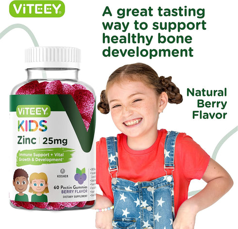 Zinc for Kids Gummies 25mg - Immune Support for Kids & Teens, Vegan, Gluten Free, Chewable Berry Flavor