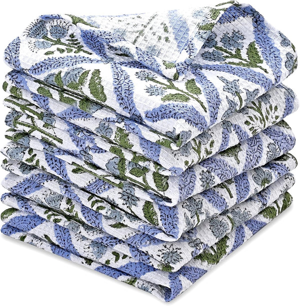 Ridhi Light Steel Blue Hand Block Print Cotton Waffle Dish Cloth Set