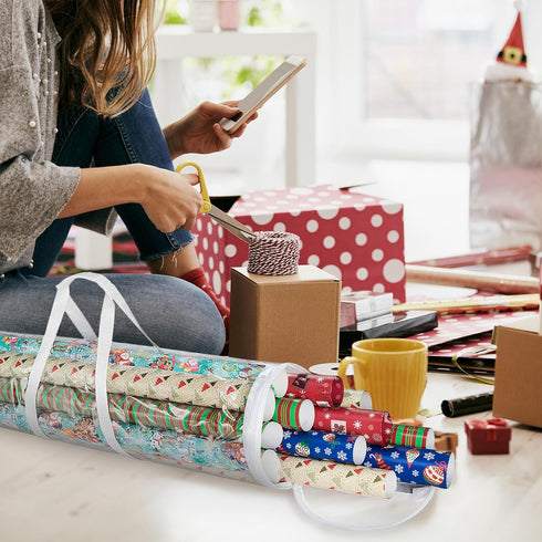 Wrapping Paper Storage - Set of 2 Organizers for 50 Rolls of Gift Wrap - Clear Totes with Handles for Holiday or Any