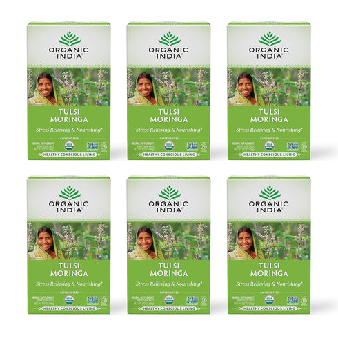 Organic India Tulsi Moringa Herbal Tea, Stress Relieving & Nourishing, Vegan, 18 Infusion Bags, 6 Pack