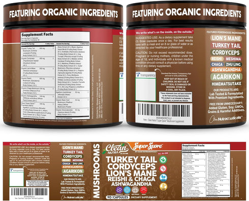 Immunity 90 Organic Turkey Tail Mushroom Supplement Capsules | Lions Mane Cordyceps Reishi Chaga + Ashwagandha Stress