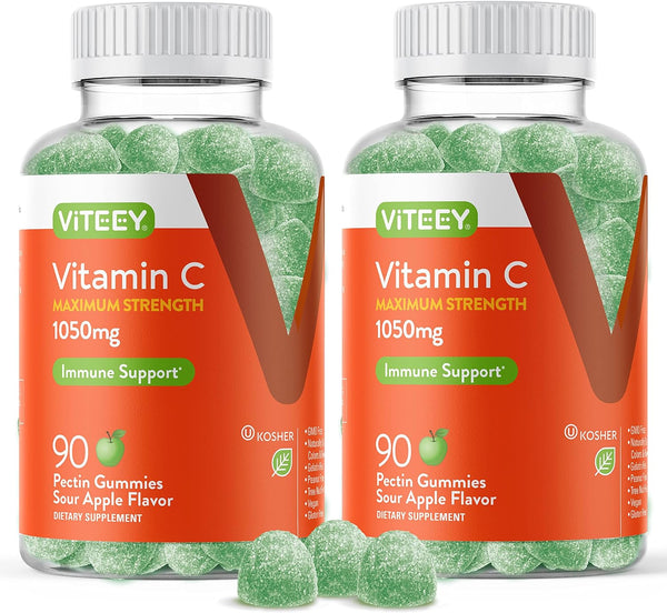 Vitamin C Gummies for Adults & Teens | 90 Count | 1050mg Maximum Strength | Immune Support, Vegan, Gelatin Free, Sour