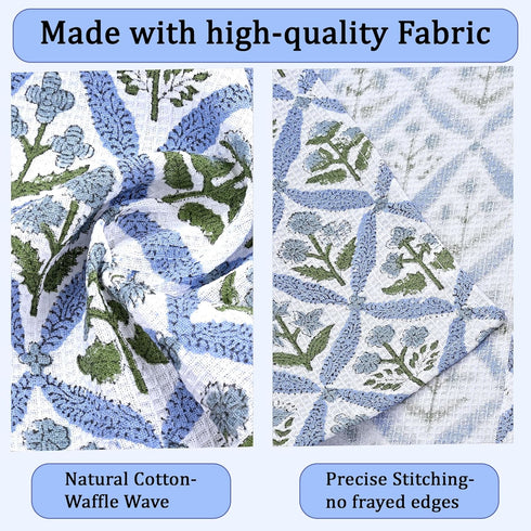Set 6-12x12 Inch Ridhi Light Steel Blue Hand Block Print Cotton Waffle Dish Cloth of Super Absorbent, Soft, Reusable