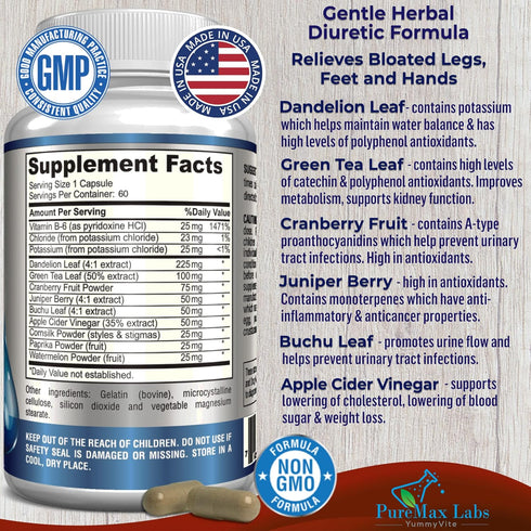 Water Away Gentle Herbal Diuretic, Natural Diuretic Water Pills for Bloating Relief, 60 Capsules with Dandelion Leaf