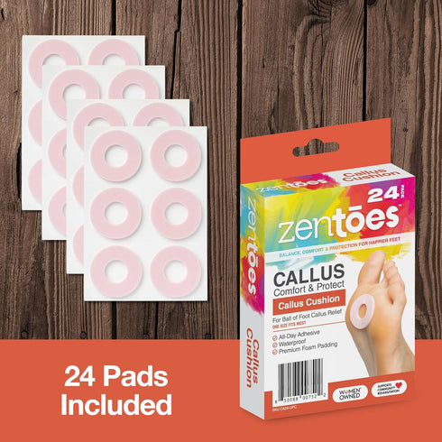 ZenToes Round Callus Cushions with Water-Resistant Self-Stick Adhesive, Protects Foot, Heel, Toes from Rubbing (24
