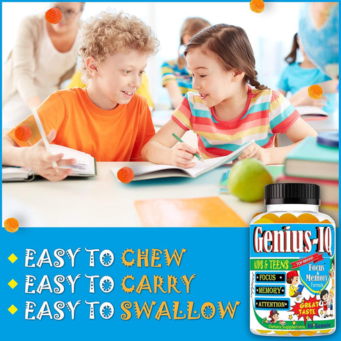 Genius IQ Kids Brain Supplements for Memory and Focus, Omega 3-6-9 Gummy Vitamins, 60 Gummies