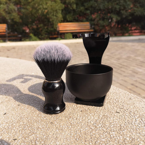 Je&Co Men's Shaving Brush Set - 3 in 1 Synthetic Brush with Steel Bowl and Acrylic Stand