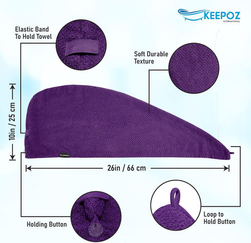 KEEPOZ Hair Towel Wrap - Quick Dry 100% Cotton Super Absorbent Turban Head Wrap for Women (Purple Check, 2 Pcs)