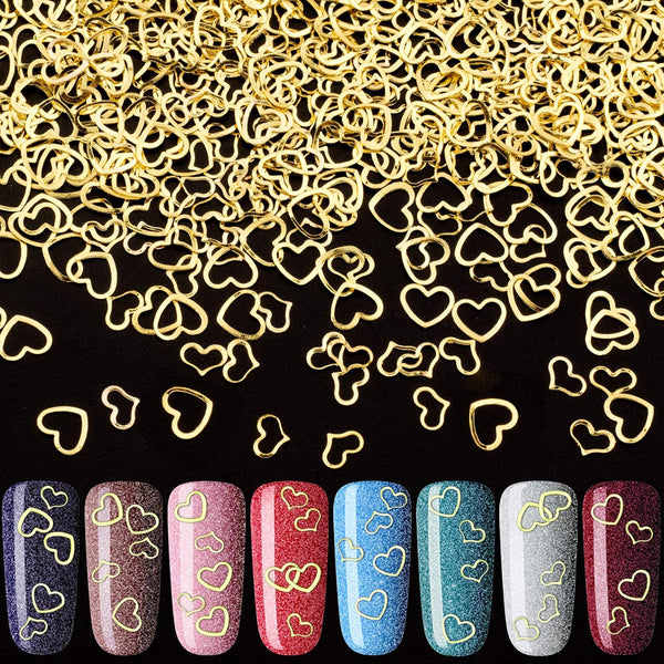 PAGOW 1000pcs 3D Gold Heart Nail Art Metal Charm Kit, Love Small Metallic DIY Studs for Valentine Decoration (5/6mm)