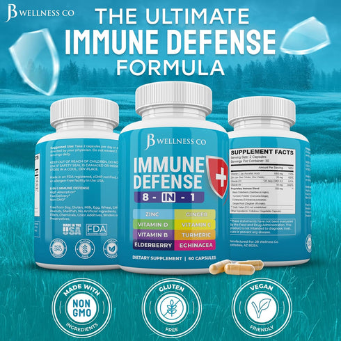 Immune Support 8 in 1 Capsules, Zinc, Vitamin D3, Vitamin C, Elderberry, Echinacea, Ginger, Turmeric, 180 Count