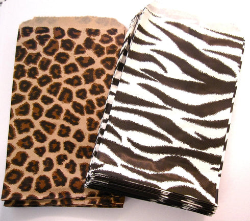 100 Small Paper Bags, 4" X 6", 50 Cheetah Leopard & 50 Zebra Print, Holiday Gift Wrap