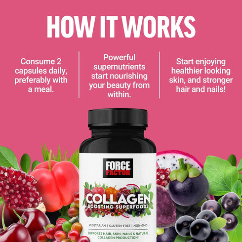 Force Factor Collagen Boosting Superfoods with Biotin, Hyaluronic Acid, Bamboo for Hair, Skin & Nails (60 Vegetable
