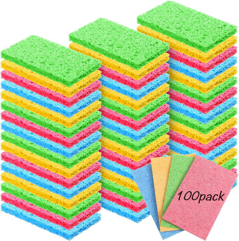 Kitchen Sponge Natural Sponges for Dishes, Compressed Wood Pulp Cleaning Sponges, 100 Pieces, Non-Scratching