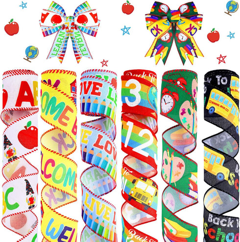 30 Yards School Themed Decorative Fabric Ribbon, Wired Edge Ribbons for DIY Crafts, 6 Rolls, Pattern Wrapping Ribbon