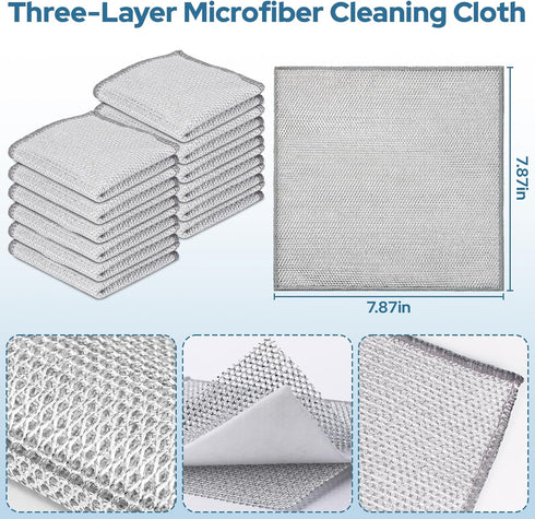 12PCS Three Layer Steel Wire Dishcloth, Multi-Functional Non-Scratch Cleaning Rags for Kitchen Cookware and Plates