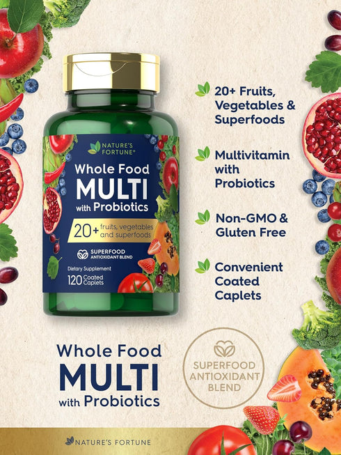 Nature's Fortune 120 20 Whole Food Multivitamin with Probiotics | Coated Caplets | Made with Fruits and Vegetables |