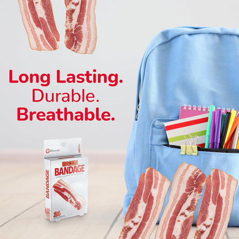 BioSwiss 24 Count Bacon Shaped Self Adhesive Bandages - Fun First Aid Kit for Kids