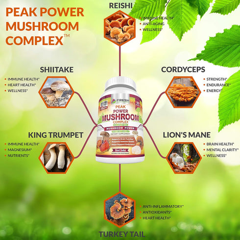 FRESH HEALTHCARE Mushroom Supplement, Lions Mane, Cordyceps, Reishi, Turkey Tail, 90 Vegan Capsules