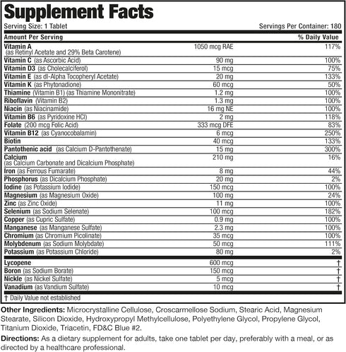 Bronson ONE Daily Men’s Complete Multivitamin, 180 Tablets, Multimineral Once-Daily Multi for Active Men