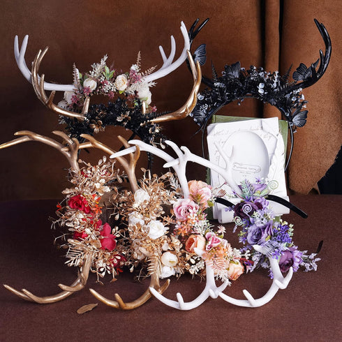 MOSTORY Handmade Pink White Antler Headband - Boho Fairy Deer Horns Hair Accessory for Renaissance Halloween Cosplay