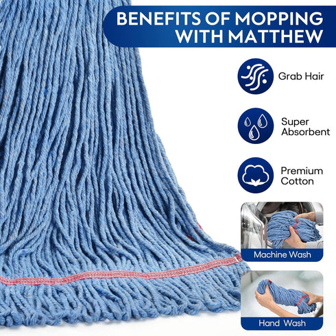 MATTHEW CLEANING 20oz Heavy Duty Mop Head Commercial Replacement for General and Floor Cleaning, Wet Industrial Blue Cotton Looped End String Head Refill (Pack of 3) Blue