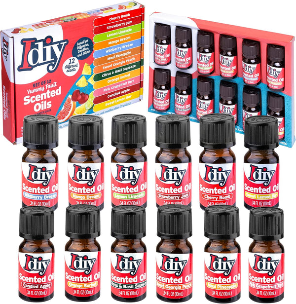 Yummy Fruit Scented Oils (12 Pack) - X Large 10ml Natural Food Fragrance Bottles for Diffusers, Aromatherapy, Gifts