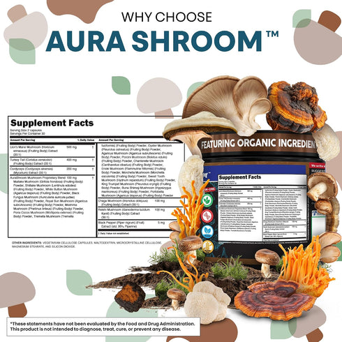 Immune 60 AuraShroom Mushroom Supplement Lions Mane Turkey Tail Cordyceps Reishi Shiitake Chaga Oyster Stress Relief