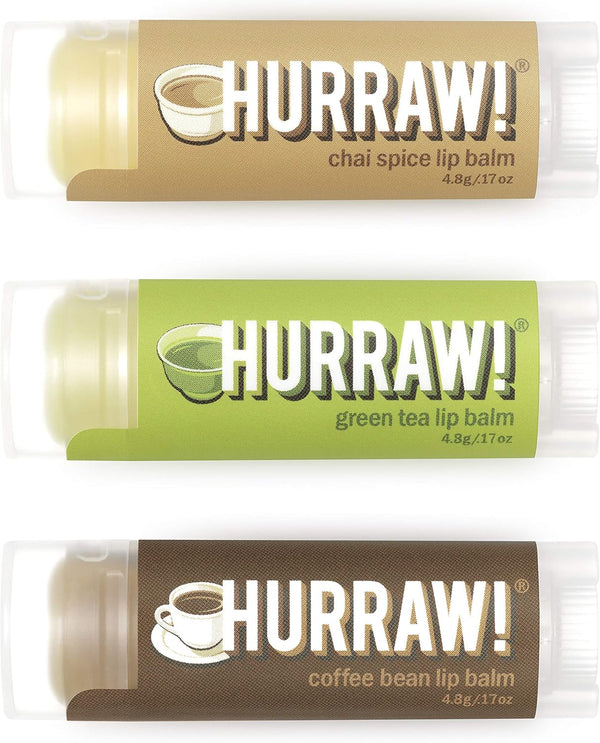 Hurraw! Organic Chai Spice, Green Tea, Coffee Bean Lip Balms, 3 Pack Bundle, Vegan & Cruelty Free