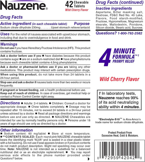 Nauzene Upset Stomach & Nausea Chewable Tablets - Wild Cherry Flavor, 42 Count