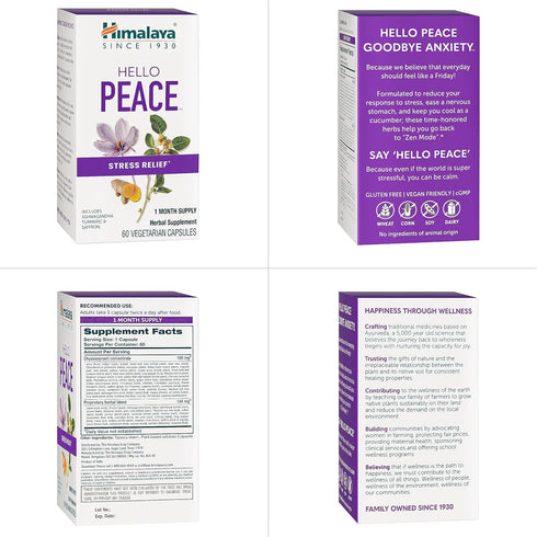 Himalaya Hello Peace Daily Stress Relief Herbal Supplement, Ashwagandha, Turmeric, Saffron, 60 Capsules