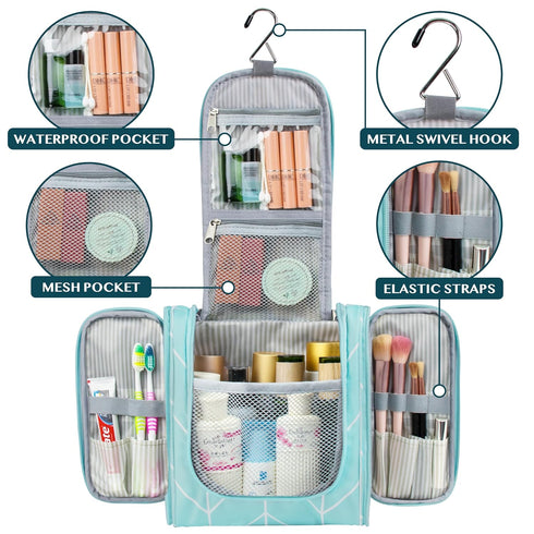 PAVILIA Toiletry Bag - Travel Bag for Women Men, Hanging Cosmetic Organizer, Water Resistant Makeup Bag, Teal Chevron