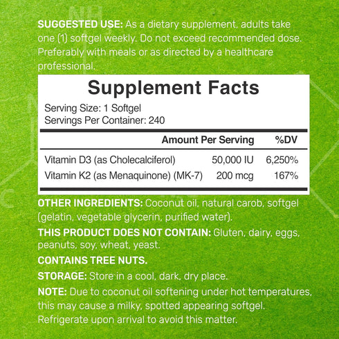 DEAL SUPPLEMENT Vitamin D3 50,000 IU + K2 MK7 - 240 Softgels with Virgin Coconut Oil for Heart & Bone Health