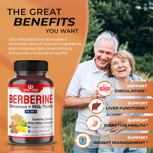 Premium Berberine 12,200MG with Cinnamon, Milk Thistle, USA Made, Promotes Liver Function, Gut Health (150 Count)