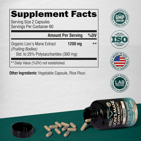 Organic Lions Mane - Certified Mushroom Supplement - Made in USA - Fruiting Bodies Extract - 1200 mg, 25% Polysaccharides - Memory & Focus - As Lions Powder, Liquid - 120 Capsules, 2 Month Supply