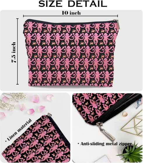 Preppy Pink Makeup Bag, Women's Zipper Pouch for Travel Toiletry, Gifts for Monkey Lovers Teen Girls