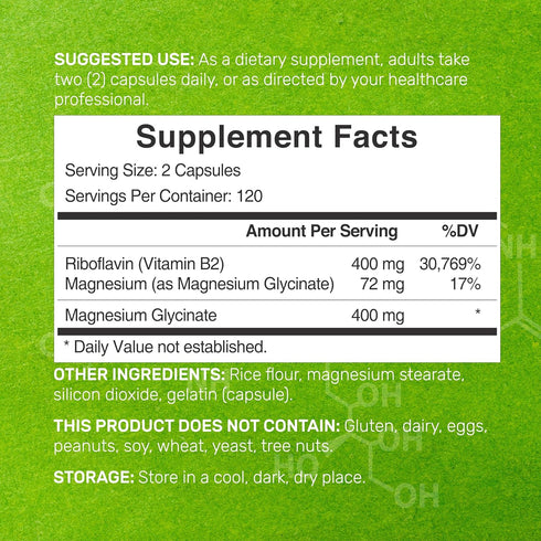 DEAL SUPPLEMENT Vitamin B2 400mg (Riboflavin) with Magnesium Glycinate 400mg, 240 Capsules
