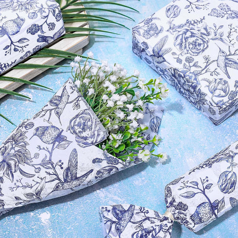 Whaline 100 Sheets Blue White Floral Tissue Paper, Chinoiserie Flower Bird Gift Wrapping Paper for Weddings and Parties